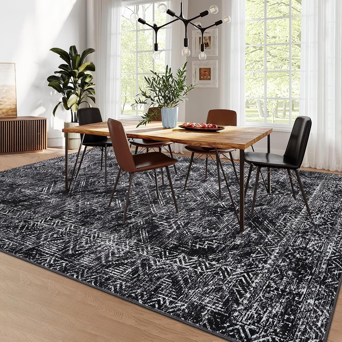 COZYLOOM Black Rug for Living Room 10x13 Machine Washable Area Rugs Modern Abstract Door Mats Non Slip Stain Resistant Geometric Accent Rug for Bedroom, Dining Room, Nursery