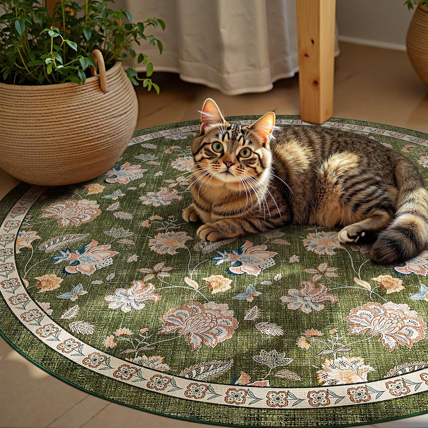 jinchan 4ft Floral Round Rug for Entryway Washable Kitchen Rug Vintage Romance Design Non Slip Indoor Doormat Lightweight Low-Profile Throw Carpet for Living Room Dining Room Bedroom, Green