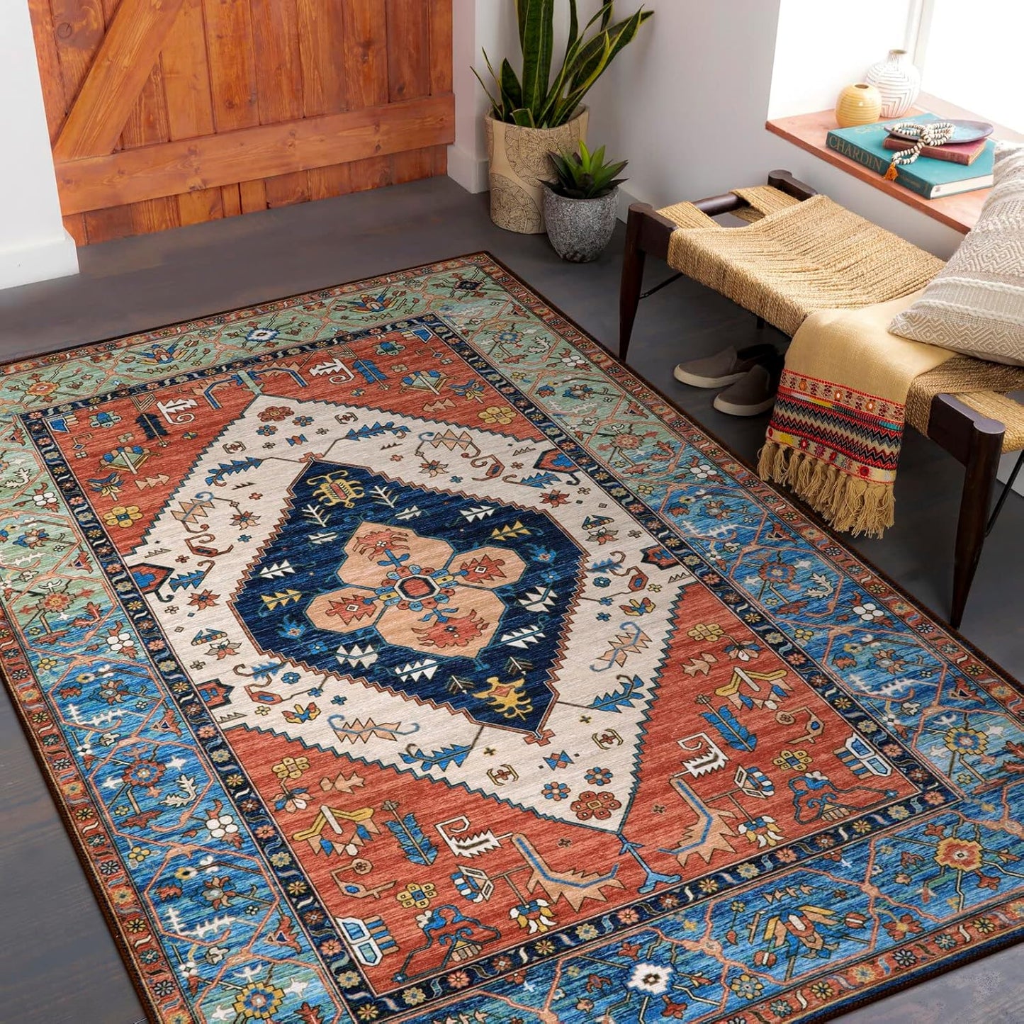 Lahome Boho Machine Washable Rugs - 5x7 Area Rugs for Living Room Non-Slip Oriental Throw Bedroom Rug Ultra-Thin Large Office Dining Room Rug Accent Floor Carpet for Kitchen Laundry Room
