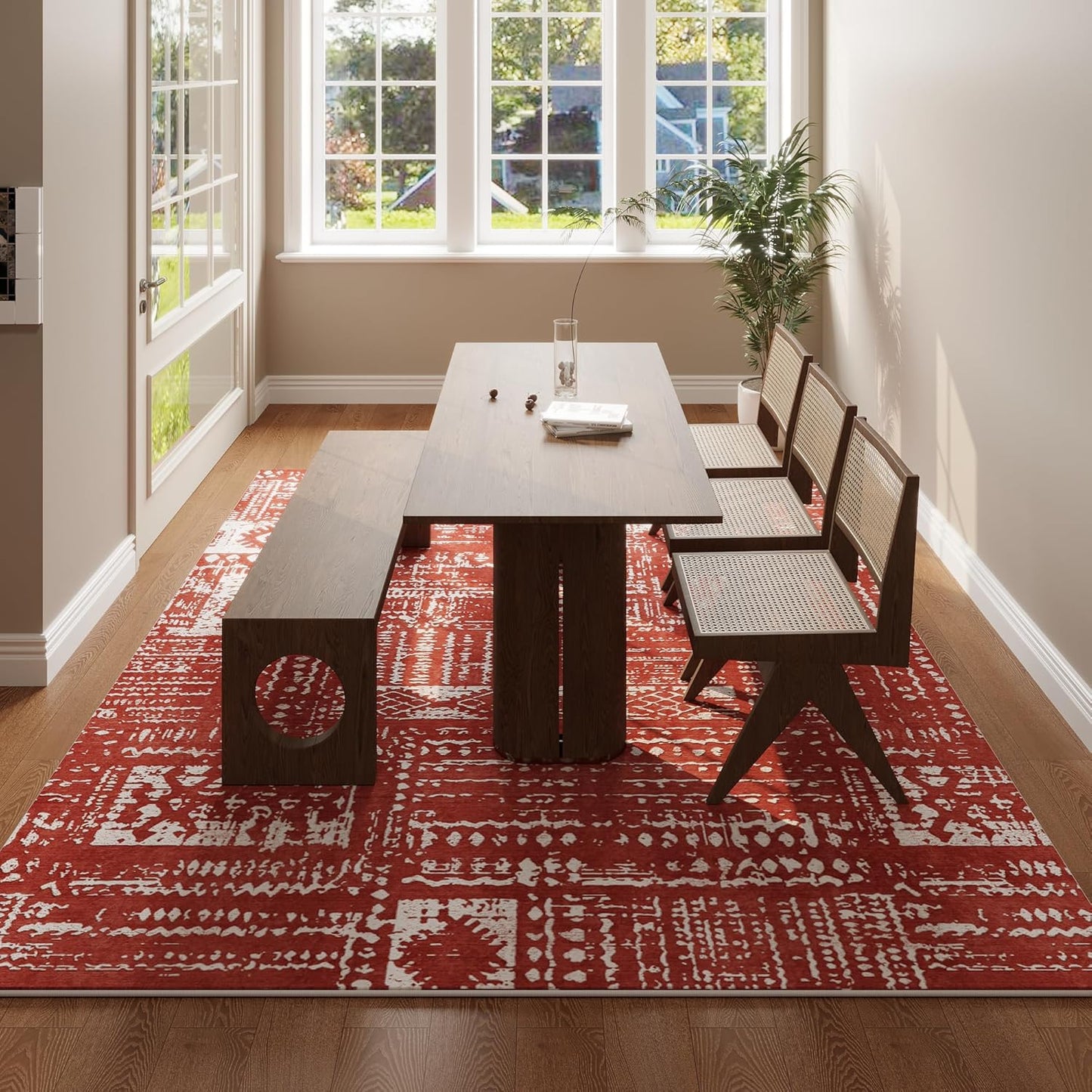 Living Room Rug 6x9 Rug Machine Washable Boho Area Rug Non Slip Moroccan Vintage Low Pile Large Rug for Living Room, Bedroom, Farmhouse, Dining Room, Kids Playroom(Terracotta)