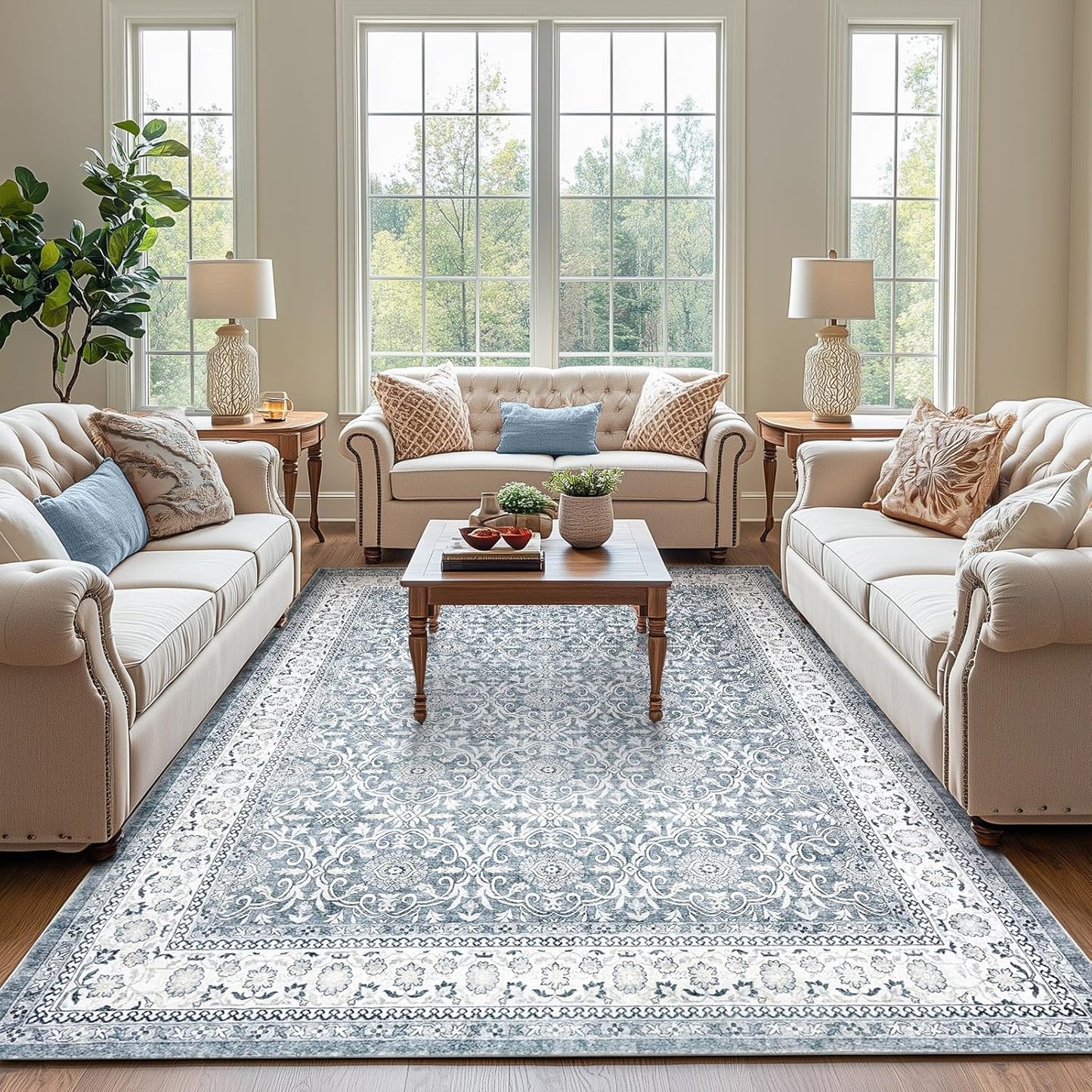jinchan Floral 8x10 Area Rugs for Living Room - Machine Washable Vintage Distressed Boho Design Throw Rug Stain Resistant Carpet Low-Pile Thin Non-Slip for Bedroom Dining Room Nursery (8‘x10',Grey)