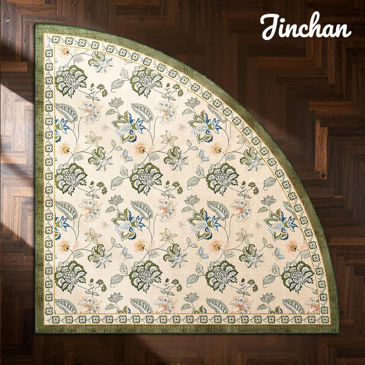jinchan Floral Corner Rug for Living Room Washable Bedroom Rug Vintage Romance Design Non Slip Quarter Circle Lightweight Low-Pile Throw Carpet for Reading Nook Playroom,8ft Radius, Green/Beige