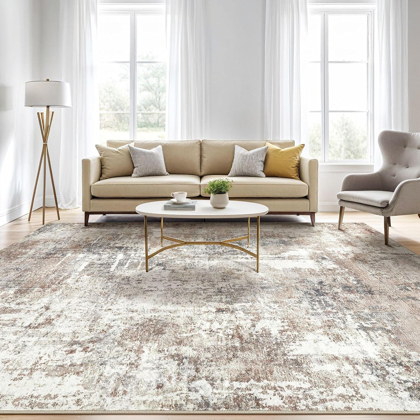 4x6 Rug Washable Area Rugs: Abstract Modern Soft Stain Resistant Indoor Floor Accent Non Slip Carpet for Living Room Entryway Kitchen Bedroom Nursery Office Bedside Home House Decor- Brown