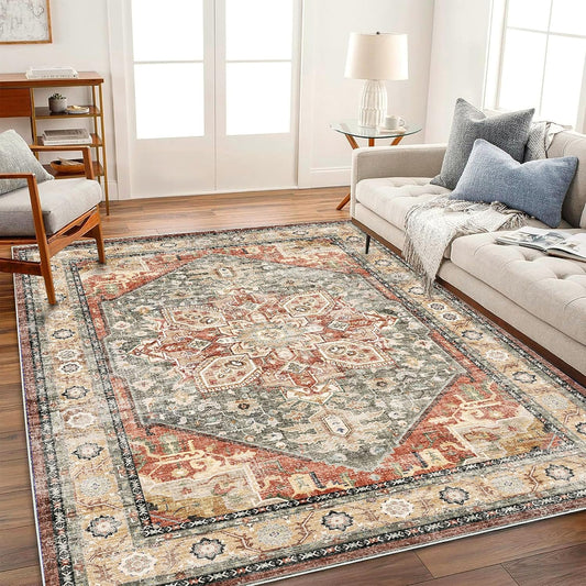 Area Rug 6'x9' Red Khaki Washable Vintage Traditional Floor Cover Thin Retro Kitchen Indoor Distressed Non Slip Carpet Floral Area for Living Room Bedroom Dining Room