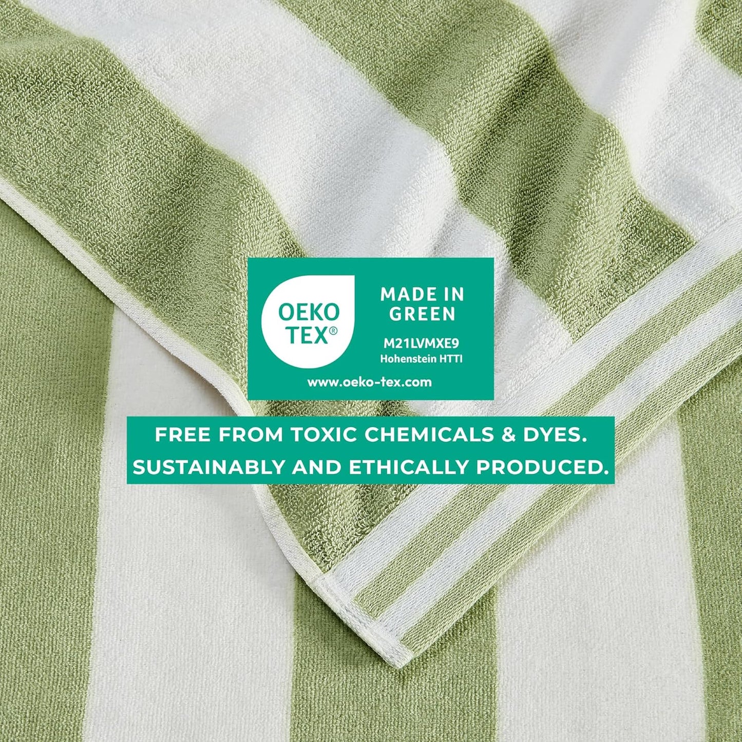 Great Bay Home 100% Cotton Velour 4 Pack Beach Towels 30" x 60" - Green/White Cabana Stripe Pool Towels - Quick Dry, Large Swim Towels
