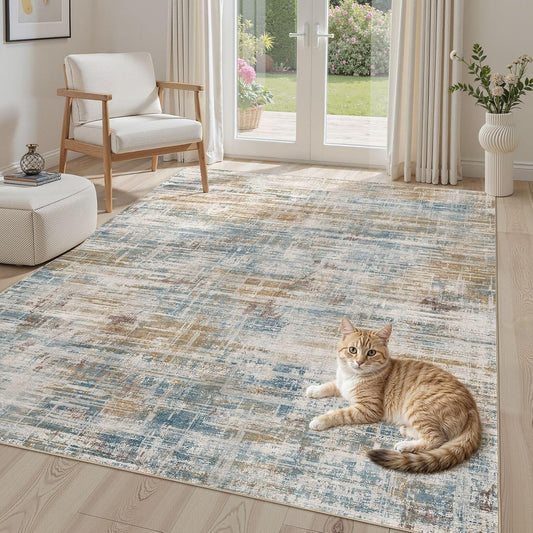 Area Rug for Living Room: 6x9 Washable Neutral Abstract Modern Soft Rugs Non Slip Indoor Floor Stain Resistant Large Carpet for Bedroom Dining Room Office Nursery - Blue Brown