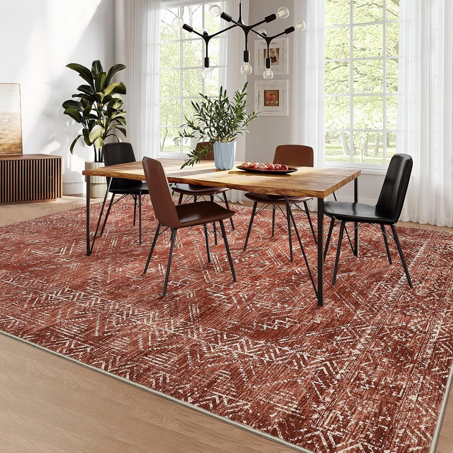 COZYLOOM 5x7 Area Rug for Bedroom Machine Washable Area Rugs Modern Abstract Carpet with Non Slip Backing Geometric Stain Resistant Foldable Indoor Mats for Living Room, Dining Room, Red