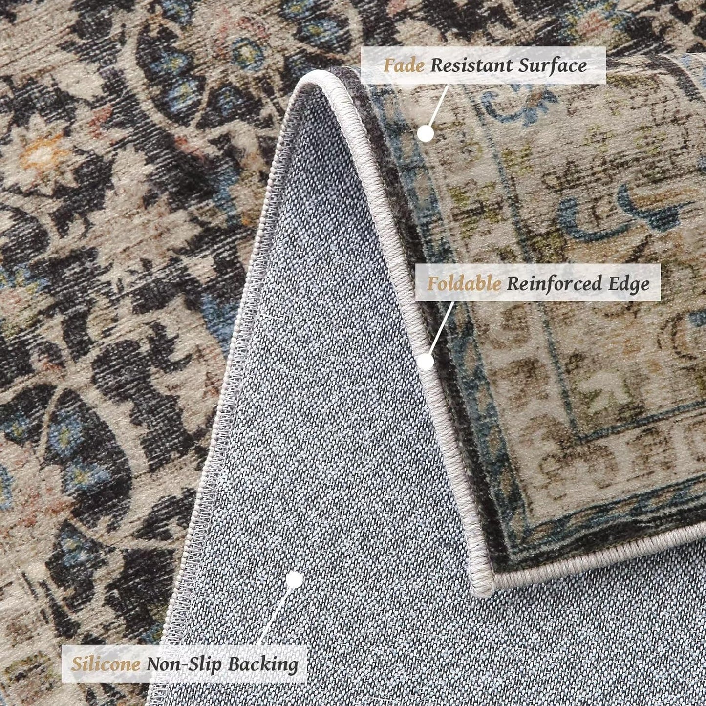 Washable 3x5 Entryway Rug Indoor, Boho Non-Slip Silicone Backing Small Rugs for Kitchen Nursery Office Bedroom, 0.3" Neutral Oriental Throw Carpet with 0.16" Cushioning Pad, Black/Multi