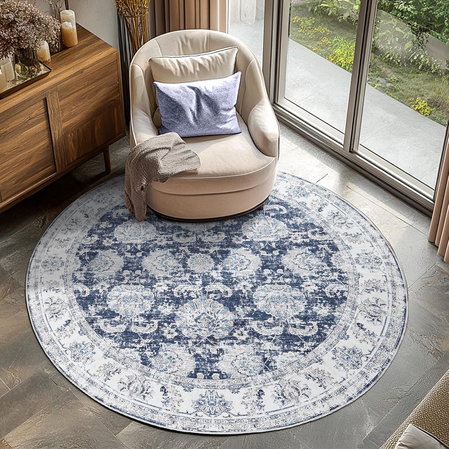 jinchan Round Rug 6ft Area Rugs Vintage Floral Distressed Design - Machine Washable Non-Slip Low-Pile Ultra-Thin Circle Rug for Entryway Bedside Living Room Dining Room Bedroom (6' Round,Dark Blue)