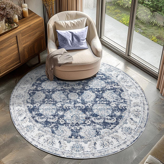 jinchan Round Rug 4ft Area Rugs Vintage Floral Distressed Design - Machine Washable Non-Slip Low-Pile Ultra-Thin Circle Rug for Entryway Bedside Living Room Dining Room Bedroom (4' Round,Dark Blue)