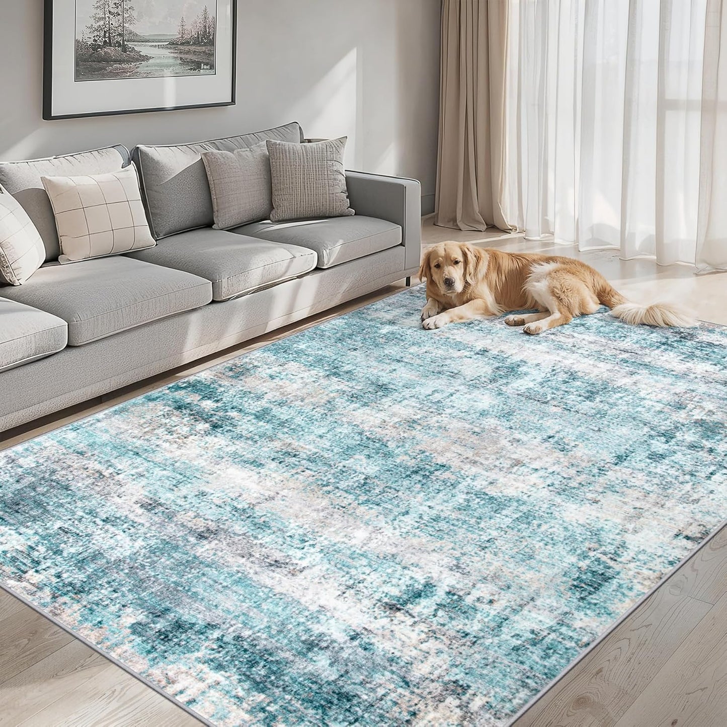 Area Rugs 10x12 Living Room - Washable Rug Modern Abstract Soft Large Neutral Non-Slip Carpet Indoor Floor Thin Carpets for Bedroom Dining Room Farmhouse Nursery Home Office Green