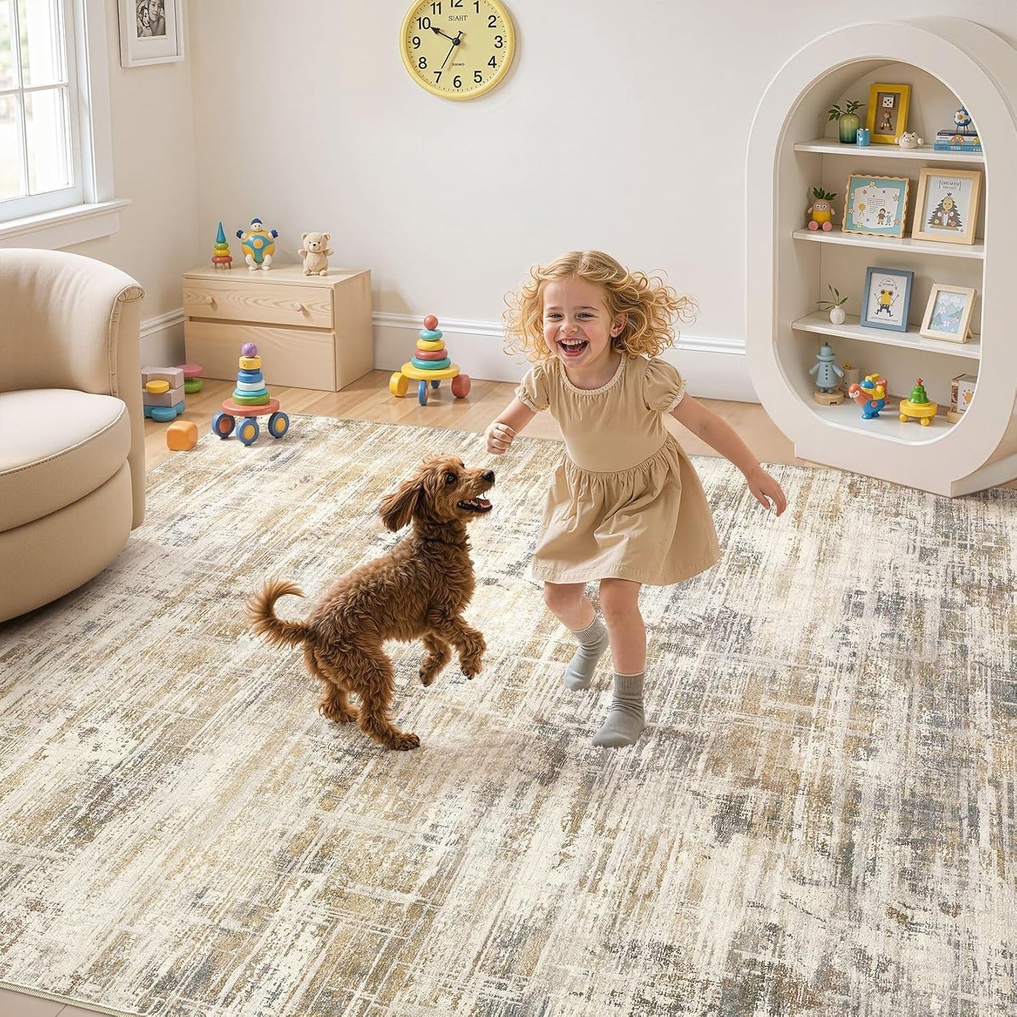 Area Rug for Living Room: 10x14 Washable Neutral Abstract Modern Soft Rugs Non Slip Indoor Floor Stain Resistant Large Carpet for Bedroom Dining Room Office Nursery - Golden Brown