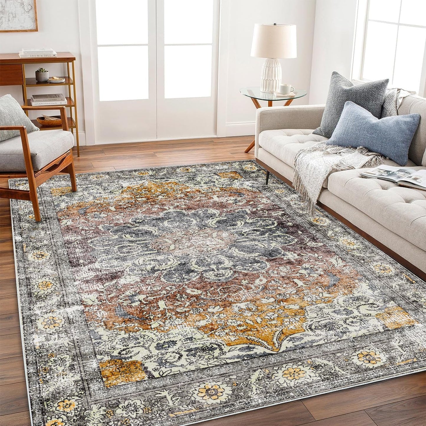 Area Rug 5x7 Washable Rug Brown Vintage Traditional Floor Cover Foldable Thin Retro Kitchen Accent Indoor Distressed Non Slip Carpet Bedroom Living Room Bathroom