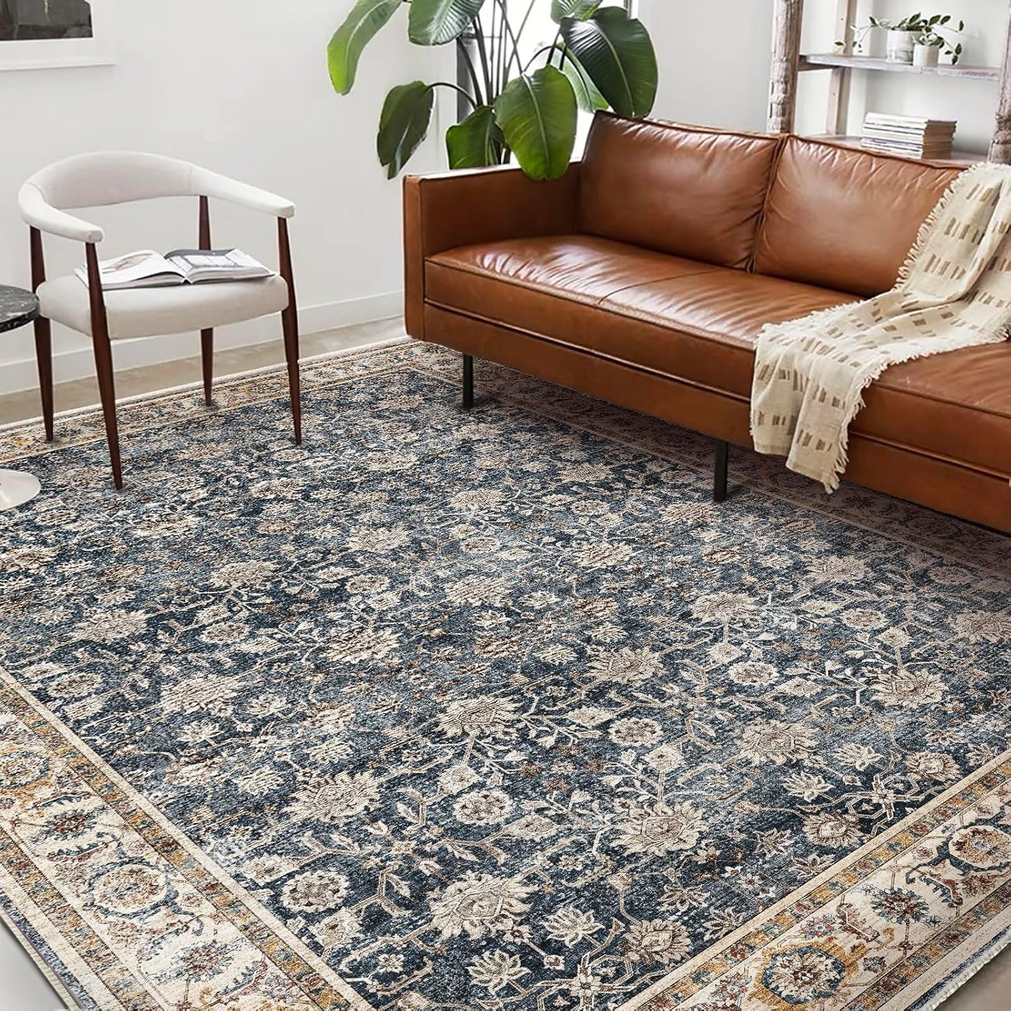 Area Rug 6'x9' Washable Vintage Traditional Floor Cover Thin Retro Kitchen Indoor Distressed Non Slip Carpet for Living Room Bedroom Dining Room