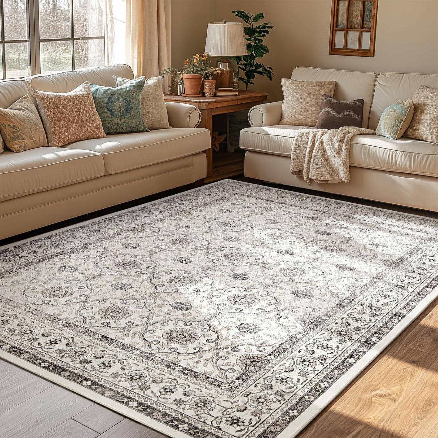 jinchan Floral 5x7 Area Rugs for Bedroom - Machine Washable Vintage Distressed Boho Design Throw Rug Stain Resistant Carpet Low-Pile Thin Non-Slip for Nursery Living Room Dining Room (5‘x7',Beige)