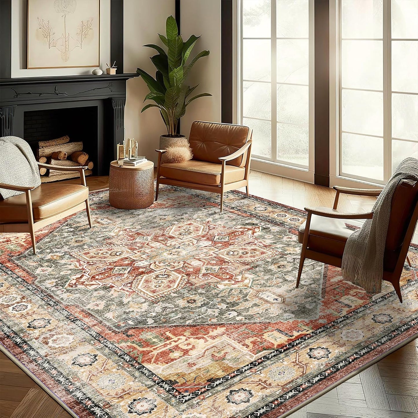 Washable Area Rug 9'x12' Red Khaki Retro Flowers Boho Design Non-Shedding Easy Care Ideal for High Traffic Areas in Living Room Bedroom Office Coffee Table Kitchen Large Carpet