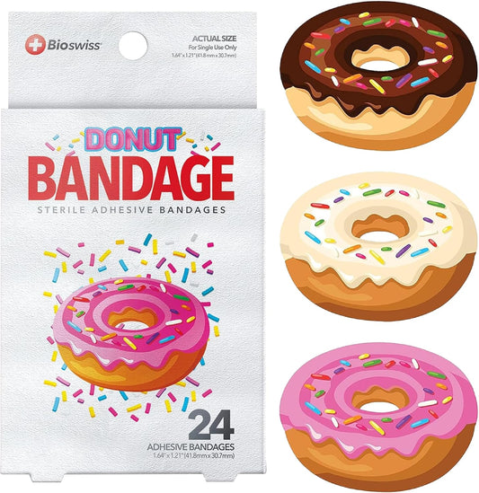 BioSwiss Bandages, Donut Shaped Self Adhesive Bandage, Latex Free Sterile Wound Care, Fun First Aid Kit Supplies for Kids, 24 Count