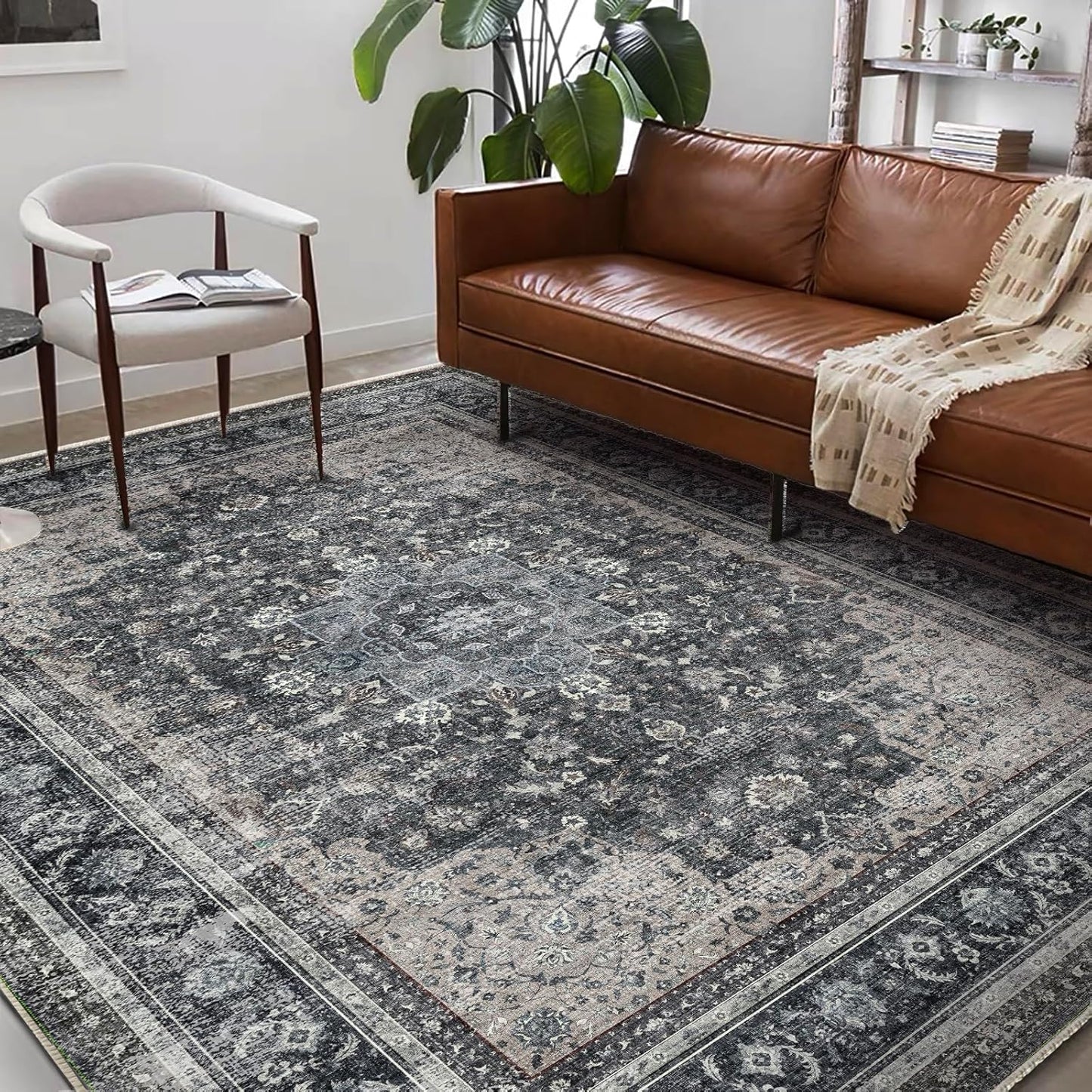 Washable Area Rug 9'x12' Retro Boho Design Non-Shedding Easy Care Ideal for High Traffic Areas in Living Room Bedroom Office Coffee Table Kitchen Large Carpet