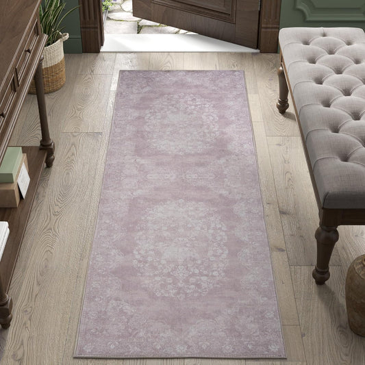 jinchan Vintage Floral Runner Rug 2x5 - Machine Washable Distressed Design Non-Slip Low-Pile Soft Thin Carpet for Hallway Kitchen Farmhouse Bedroom Entryway Laundry Room (2x5ft,Orchid)