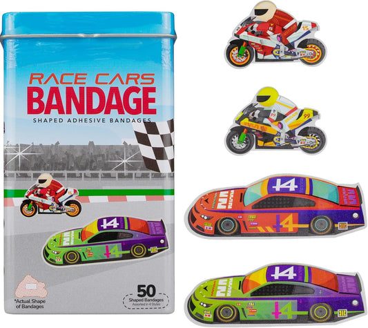 BioSwiss Bandages, Race Cars Shaped Self Adhesive Bandage, Latex Free Sterile Wound Care, Fun First Aid Kit Supplies for Kids and Adults, 50 Count