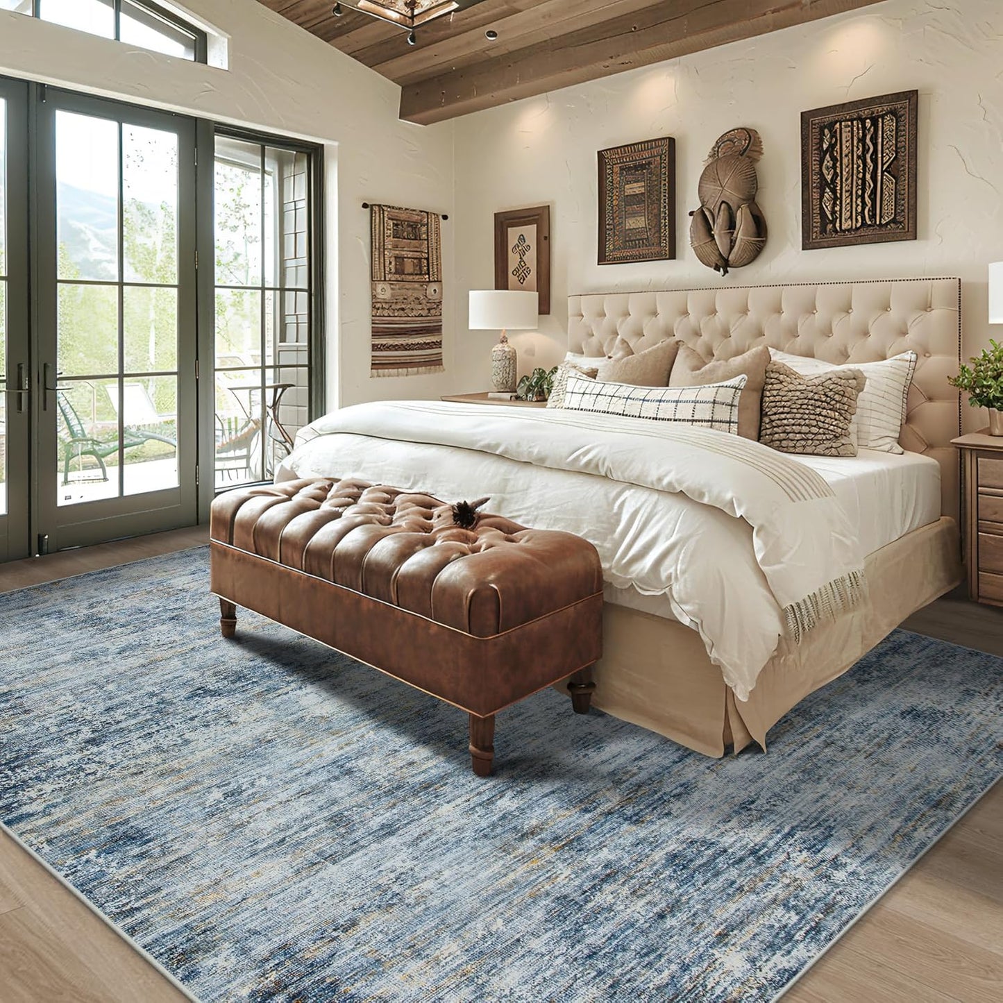 Area Rugs 8x10 Living Room Rugs: Large Modern Abstract Washable Rug with Non-Slip Backing, Thin Carpet for Dining Room Table Bedroom Nursery Indoor Home Office-Blue/Brown