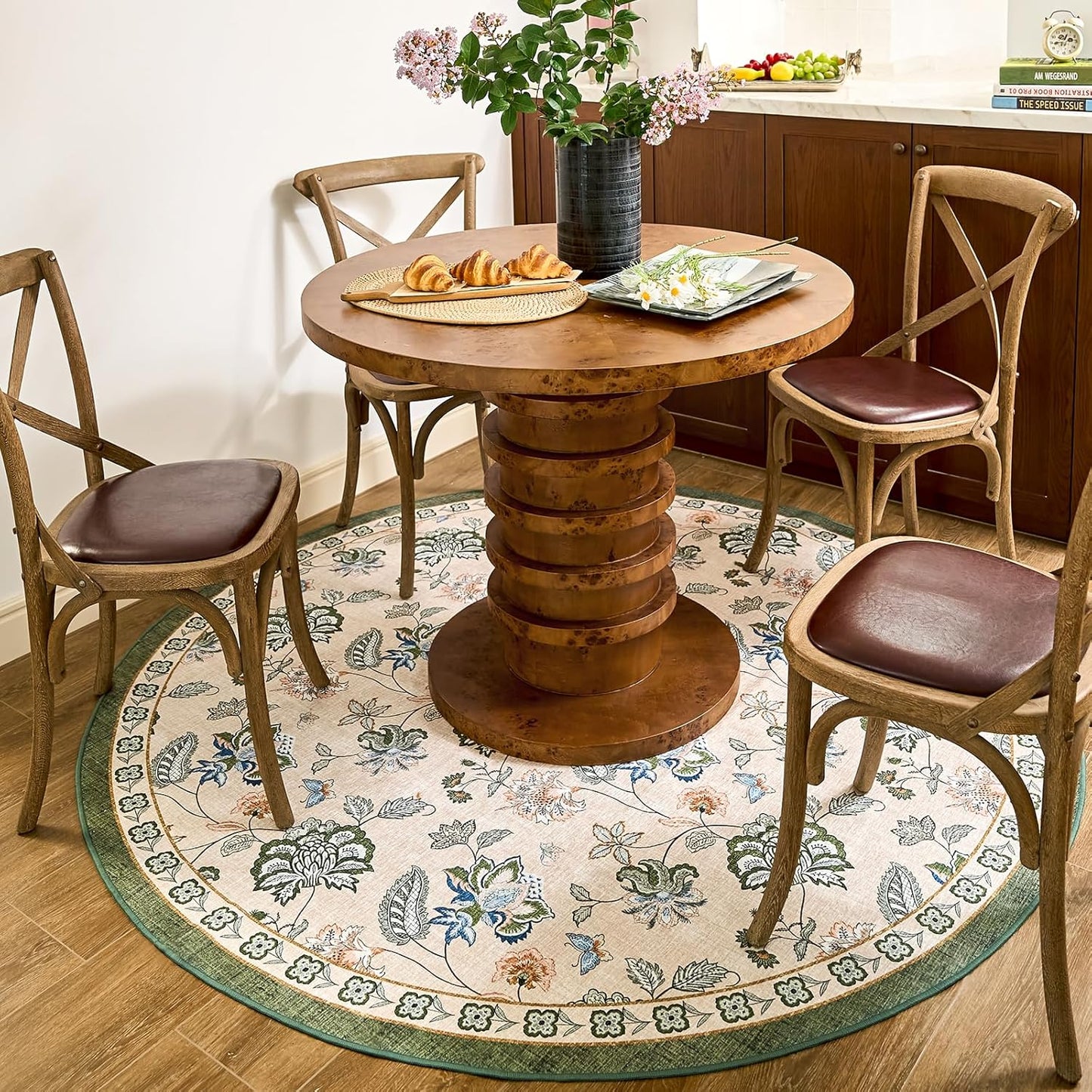 jinchan 6ft Floral Round Rug for Dining Room Washable Living Room Rug Vintage Romance Design Non Slip Indoor Floor Cover Lightweight Low-Profile Throw Carpet for Bedroom Porch Patio, Green/Beige