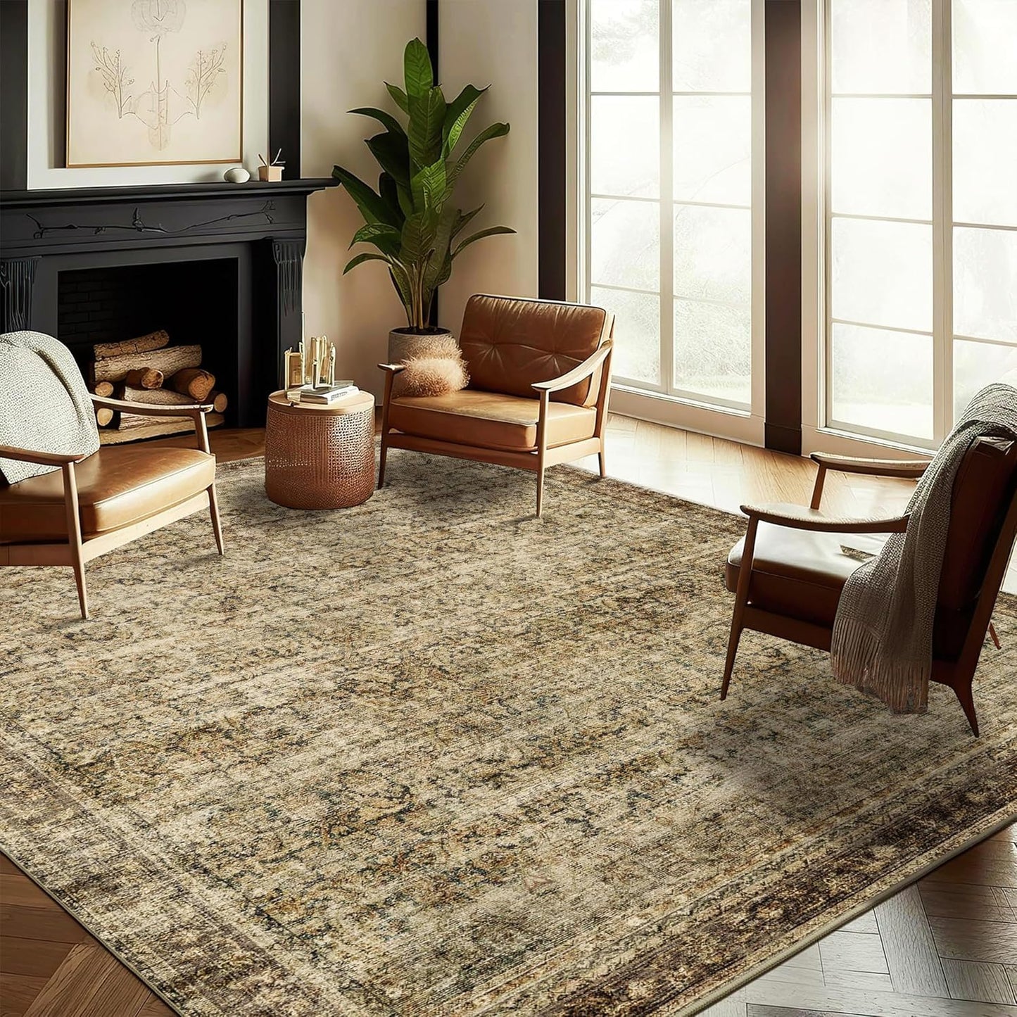 5x7 Washable Area Rug Vintage Brown Traditional Floor Cover Foldable Thin Rug Kitchen Accent Rug Indoor Distressed Non Slip Carpet Floral Print Mat Bedroom Living Room Bathroom