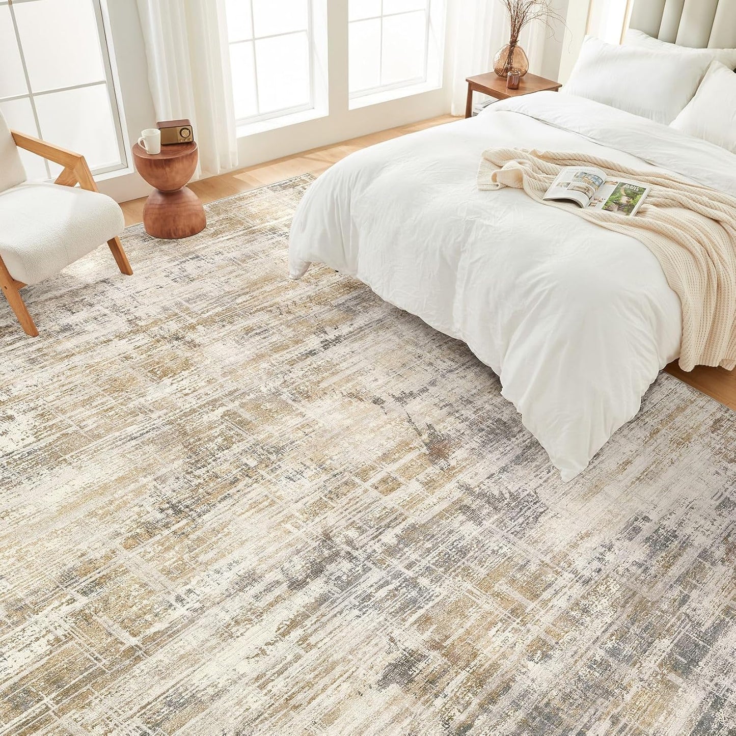 Area Rug for Living Room: 7x9 Washable Neutral Abstract Modern Soft Rugs Non Slip Indoor Floor Stain Resistant Large Carpet for Bedroom Dining Room Office Nursery - Golden Brown