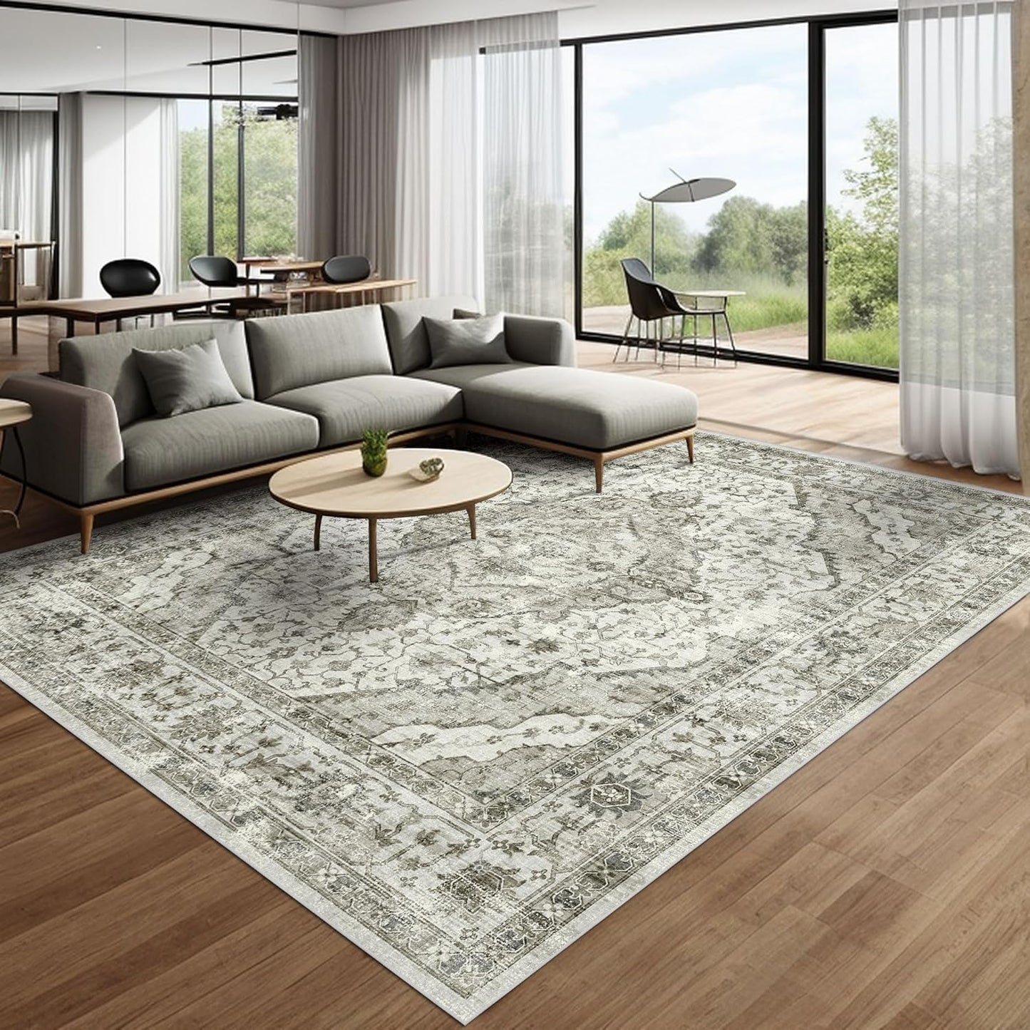 Boho Area Rug - 9x12 Distressed, Non Slip Washable, Large for Living Room, Bedroom, Dining Room, Office - Floor Decoration (Cream)