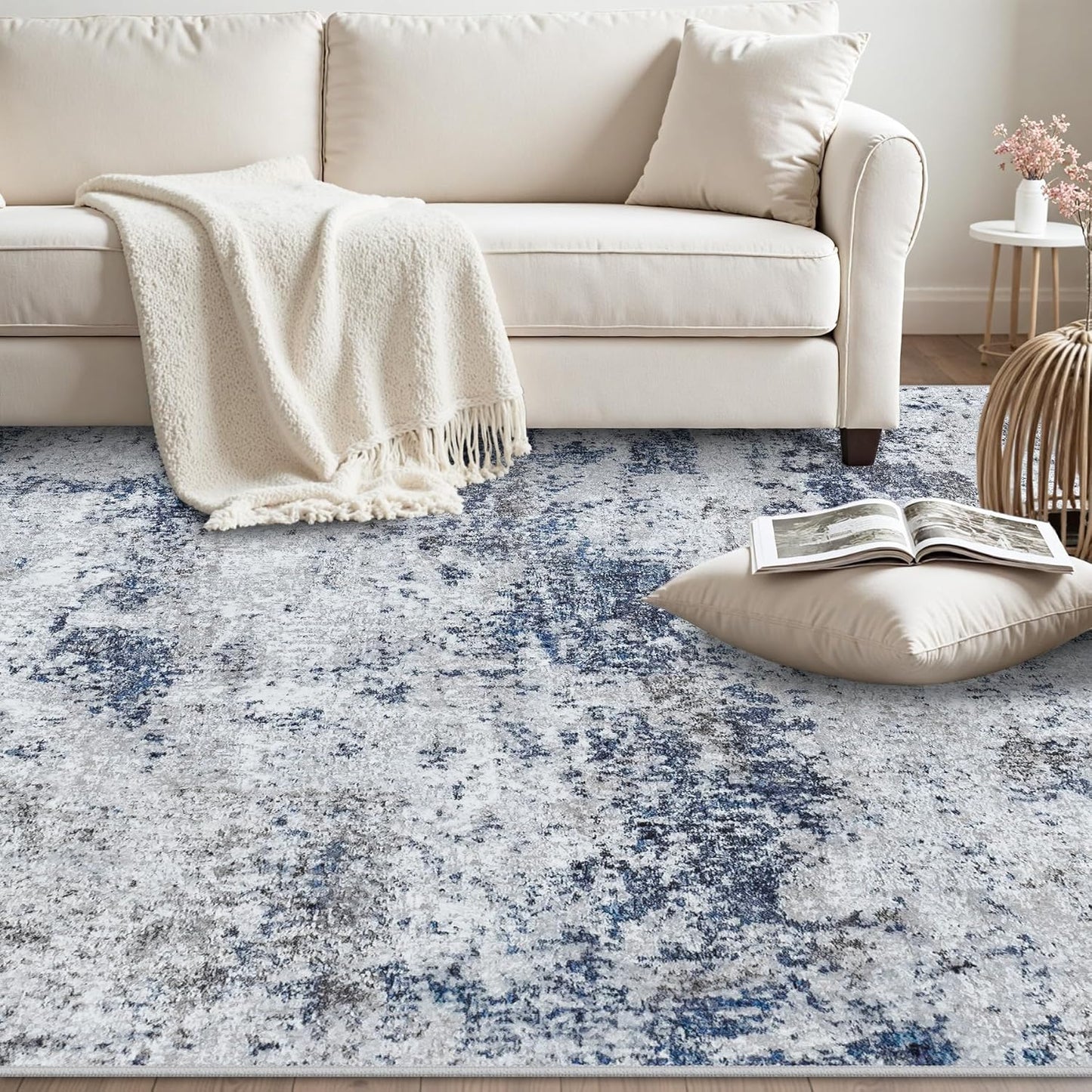 Area Rugs 8x10 Living Room Rugs: Modern Abstract Washable Rug with Non-Slip Backing, Stain Resistant Indoor Floor Large Carpet for Bedroom Dining Room Table Nursery Hallway Home Office Blue/Gray/Black