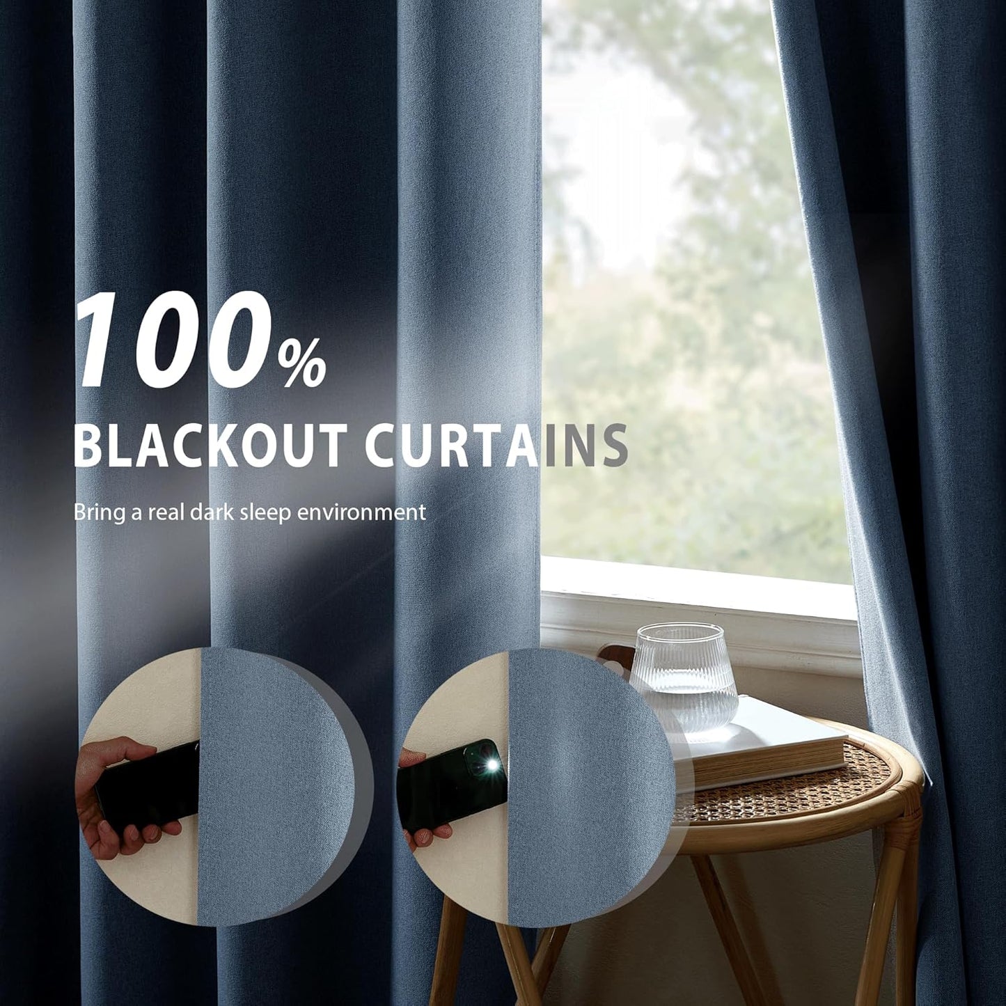NICETOWN Stone Blue Full Shade Faux Linen Curtain Panels 95" Long, Pair of Energy Smart & Noise Blocking Out Blackout Drapes for Guest Room Window, Thermal Insulated Lined Window Dressing (52 inch)