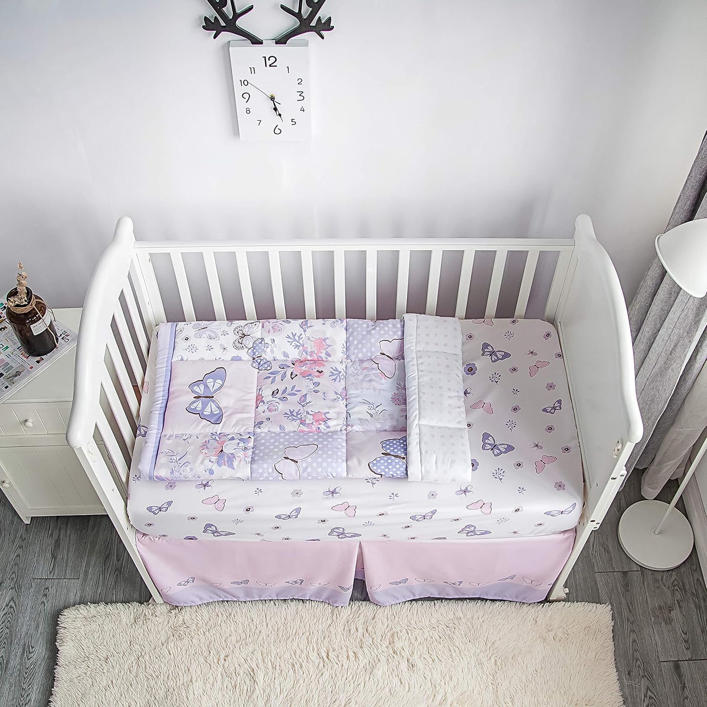 La Premura 3-Piece Purple Butterfly Baby Crib Bedding Set for Girls, Lilac Standard Size Crib Set for Baby Girl, Comforter, Fitted Sheet, and Dust Ruffle Skirt, Baby Nursery Floral Design for Girls
