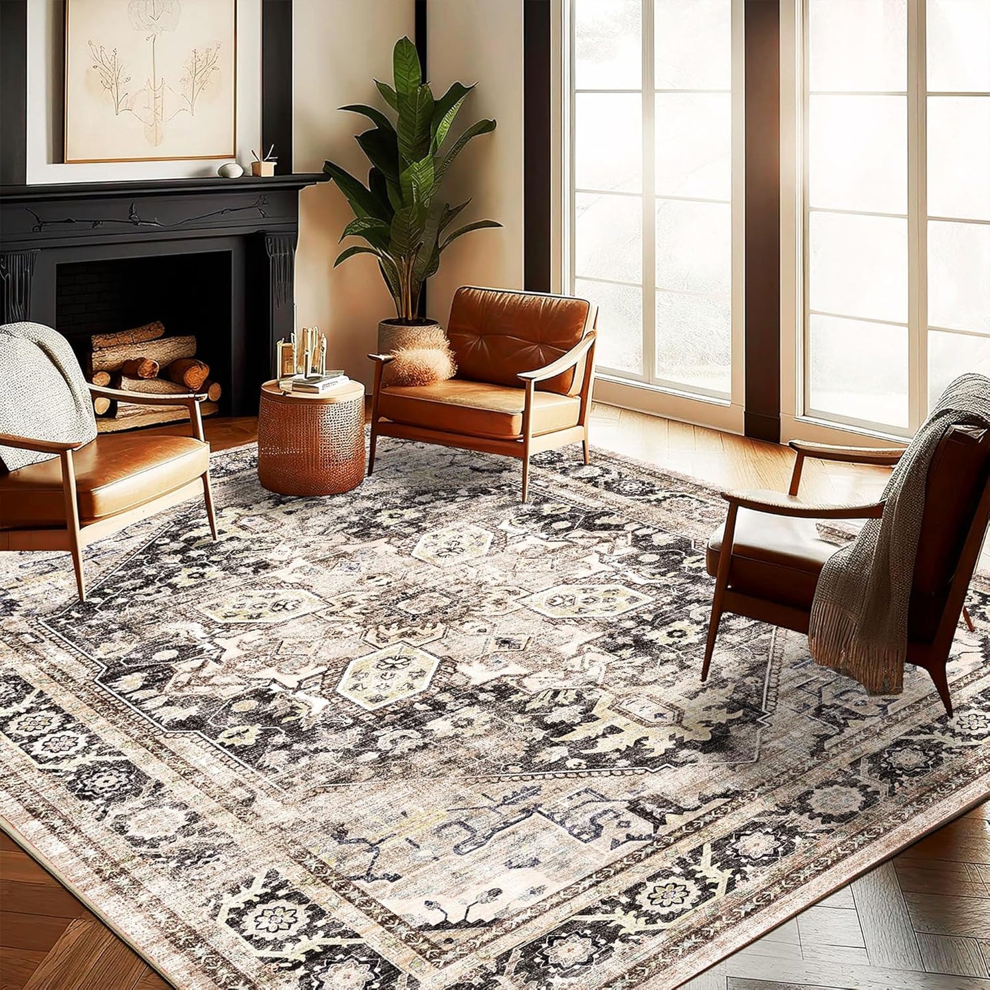 Washable Area Rug 9'x12' Black-Purple Khaki Retro Flowers Boho Design Non-Shedding Easy Care Ideal for High Traffic Areas in Living Room Bedroom Office Coffee Table Kitchen Large Carpet
