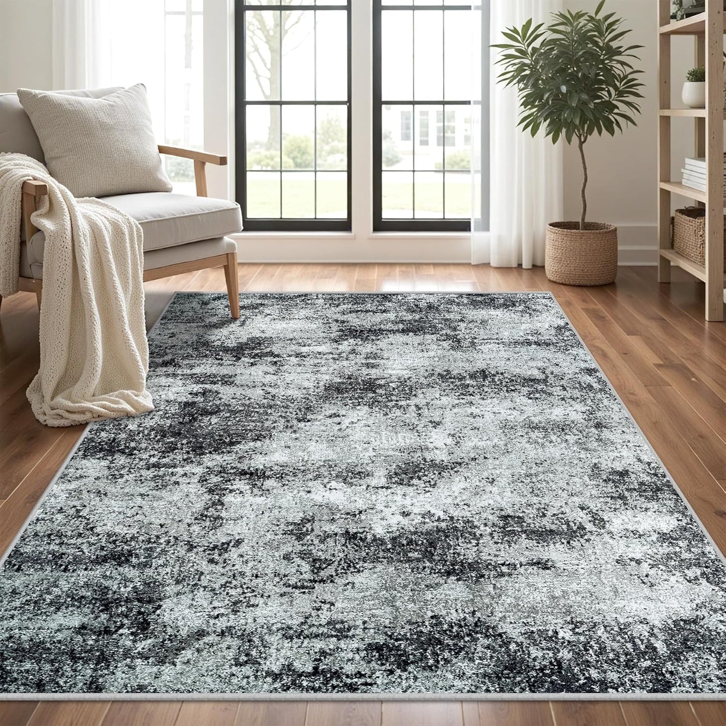 Washable Rug 6x9 Area Rugs: Abstract Washable Rugs with Non-Slip Backing, Stain Resistant Indoor Floor Carpet for Bedroom Dining Room Table Nursery Hallway Home Office Dark Black/Gray