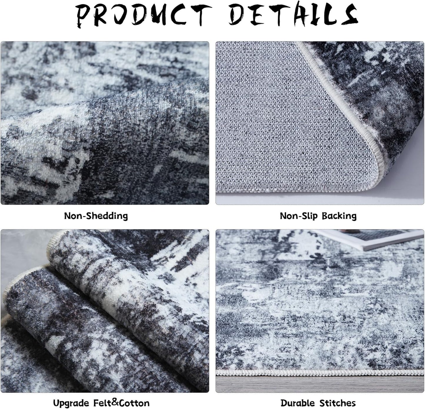 Area Rug 5x7 Washable Rug Boho Soft Abstract Pattern Non-Slip Faux Wool Vintage for Living Room, Bedroom, Farmhouse, Dining Room, Kids Playroom, Grey and Black