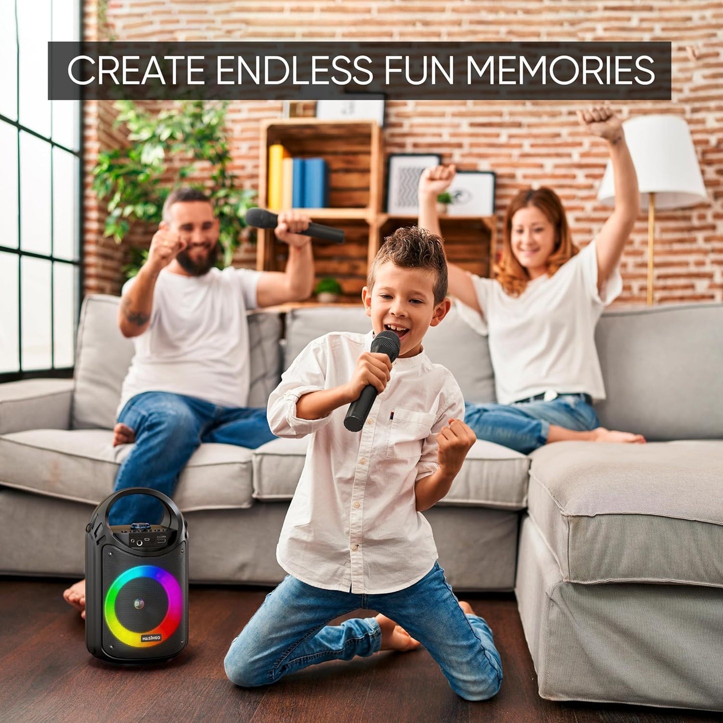 MASINGO Karaoke Machine for Kids and Adults with 2 Wireless Bluetooth Microphones, PA Portable Speaker with Colorful LED Lights, Supports TF Card/USB, AUX/MIC in, TWS for Home Party, Burletta C10 V2