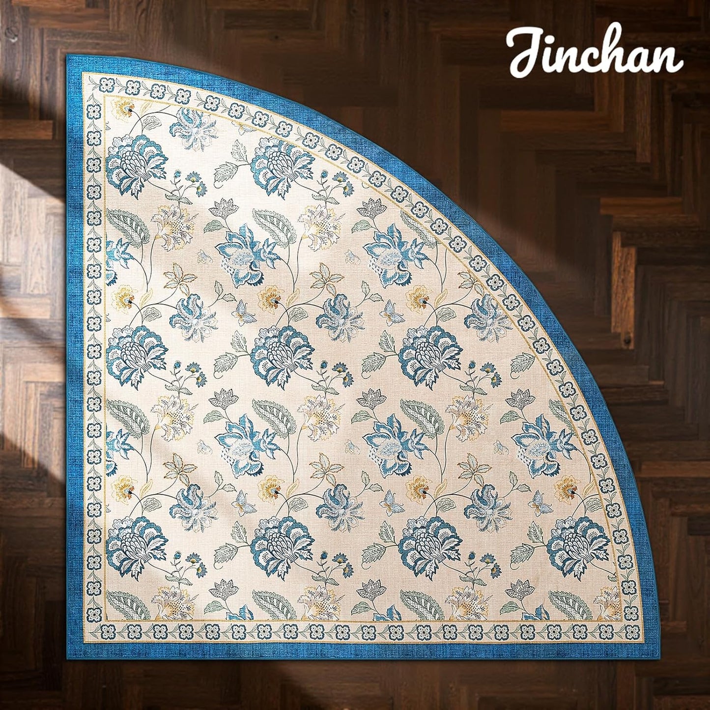 jinchan Floral Corner Rug for Entryway Washable Kitchen Rug Vintage Romance Design Non Slip Quarter Circle Lightweight Low-Pile Throw Carpet for Playroom Reading Nook Nursery, 4ft Radius, Blue/Beige