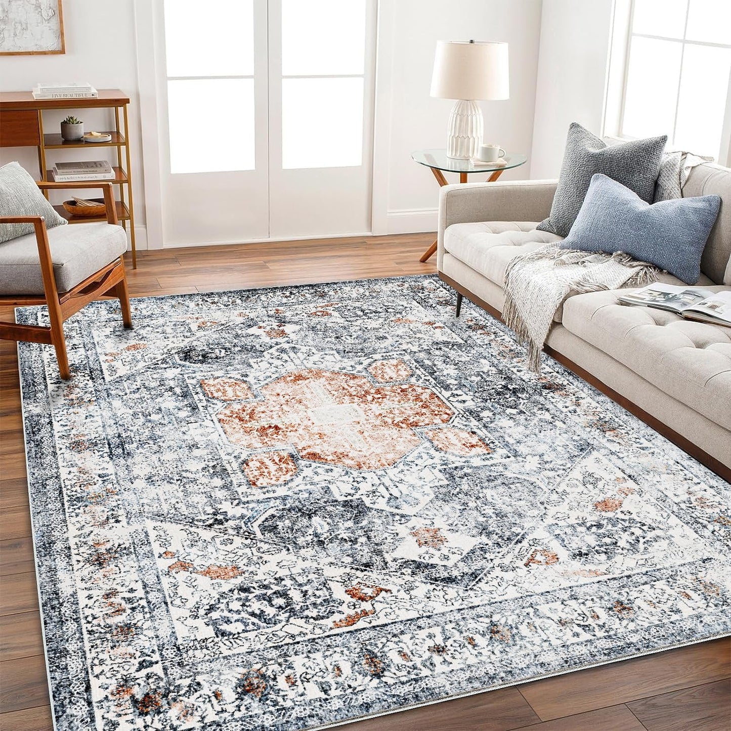 Area Rug 8x10 Washable Rug Orange Gray Vintage Traditional Mat Distressed Indoor Foldable Thin Retro Accent Floral Print Non Slip Carpet Living Room Dining Room Office