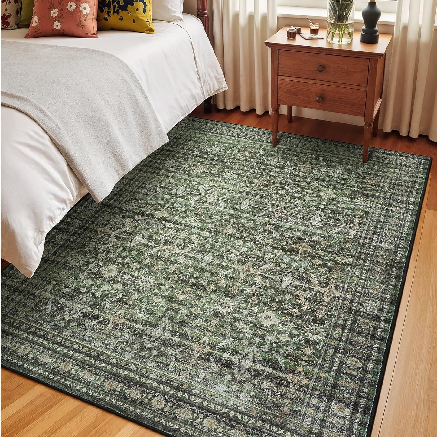 Lofus 6x9 Area Rug for Living Room,Green Washable Area Rugs with Non-Slip Backing,Soft Boho Carpets for Bedroom Dining Room Home Office Indoor Nursery