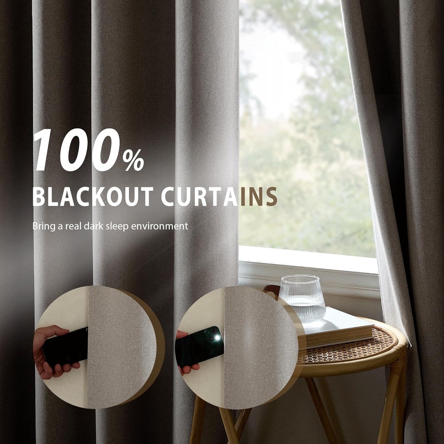 NICETOWN Natural Linen 100% Blackout Curtains 90 inches for Bedroom, Farmhouse Style Keep Warm Faux Linen Blackout Curtains with Thermal Insulated Liners for Dining Room, 2 Panels, 52" W, Drapes