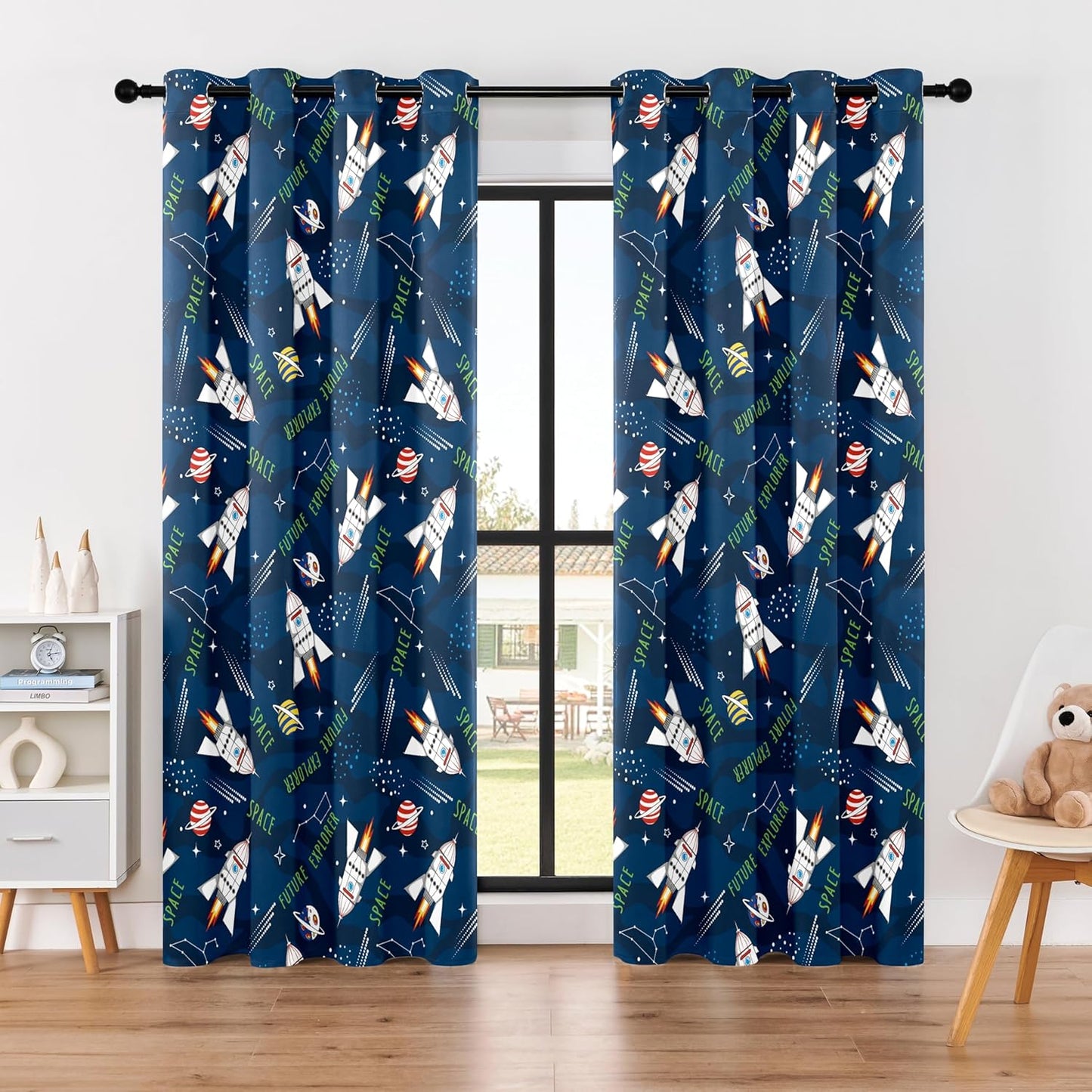 Kids Space Rocket Blackout Curtains - 100% Blackout, Thermal Insulated, Noise Reducing, Perfect for Kids Room and Nursery, 2 Panels (Future Explorer Rockets, W52×L84)