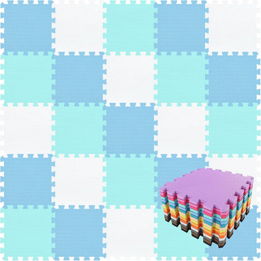 qqpp EVA Rubber 18 Tiles Interlocking Puzzle Foam Floor Mats - Baby Play Mat for Playing | Exercise Mat for Home Workout. White, Blue, Green. QC-AGHb18N