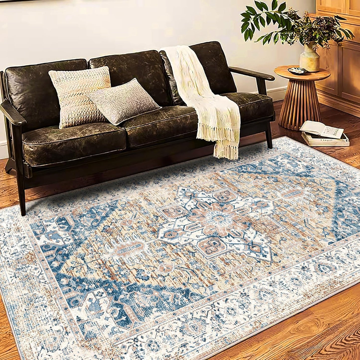 Washable Area Rug 10x14 Boho Chic Medallion Distressed Design Non-Shedding Easy Care Ideal for High Traffic Areas in Living Room Bedroom Office Coffee Table Large Carpet