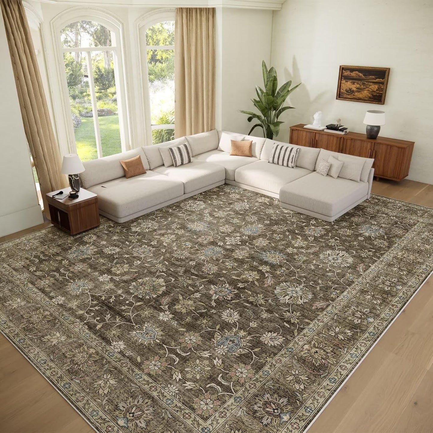Washable 9x12 Area Rugs for Living Room, Boho Non-Slip Silicone Backing Rugs for Bedroom Dining Room Nursery Office, 0.3" Neutral Oriental Throw Carpet with 0.16" Cushioning Pad, Flaxen/Multi