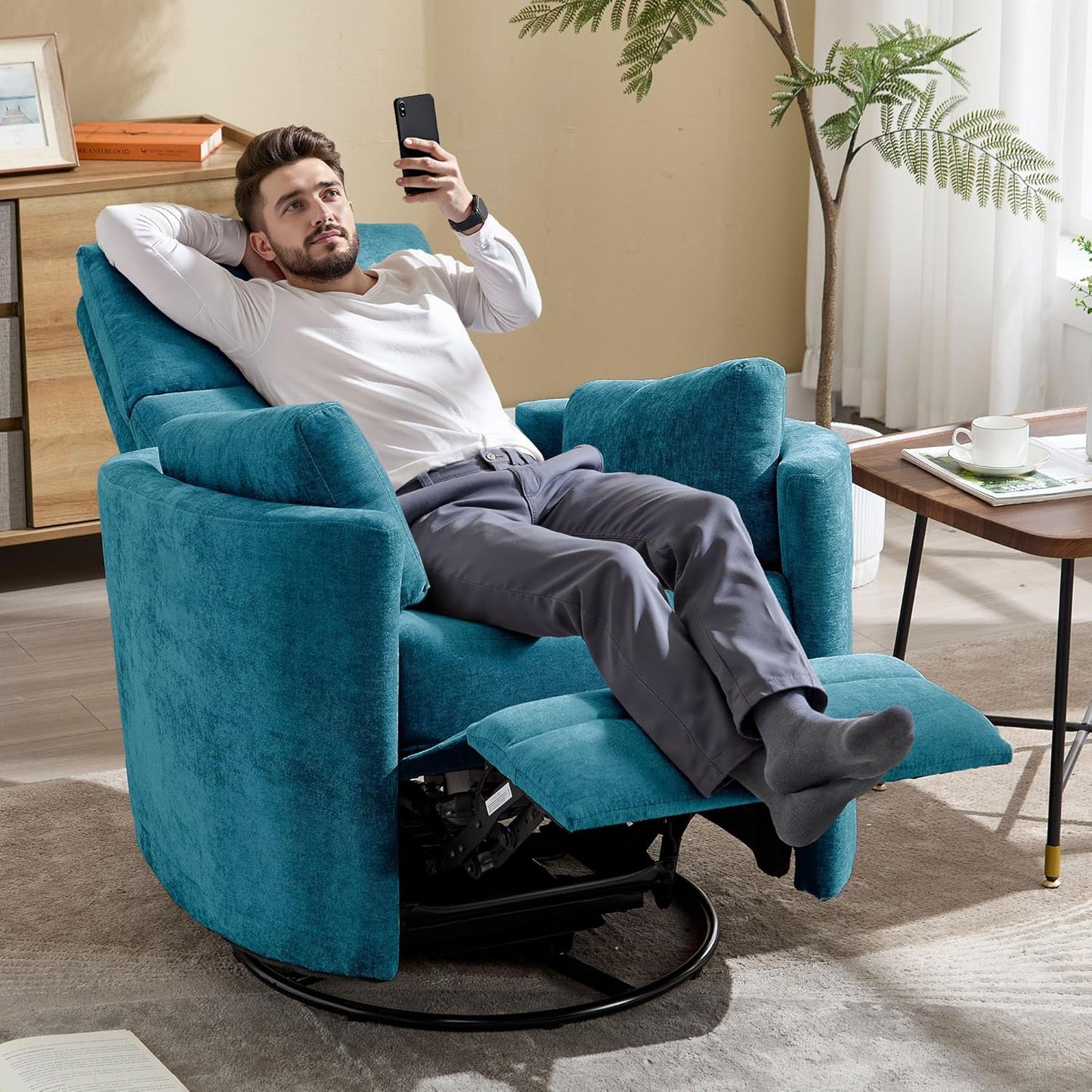 Recliner 360°Swivel Glider Rocking Chair Nursery Multifunction Living Room Bedroom Adult Rocking Chair with 2 Pillows(Blue, Manual Operation)
