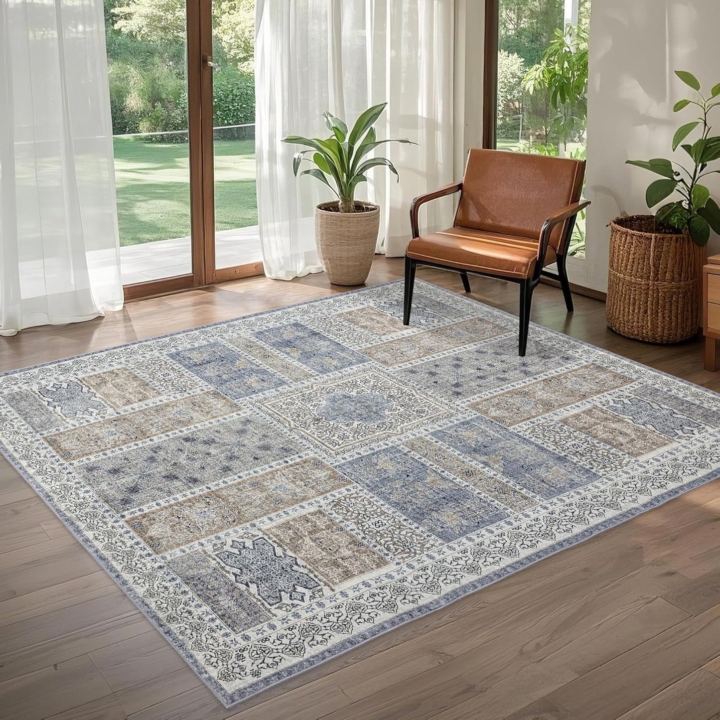 5x8 Area Rug Washable: Oriental Soft Area Rug for Living Room Bedroom No Shedding - Low Pile Thin Carpet Rug for Dining Room Non Slip - Boho Vintage Rug for Home Decor - Blue Grey