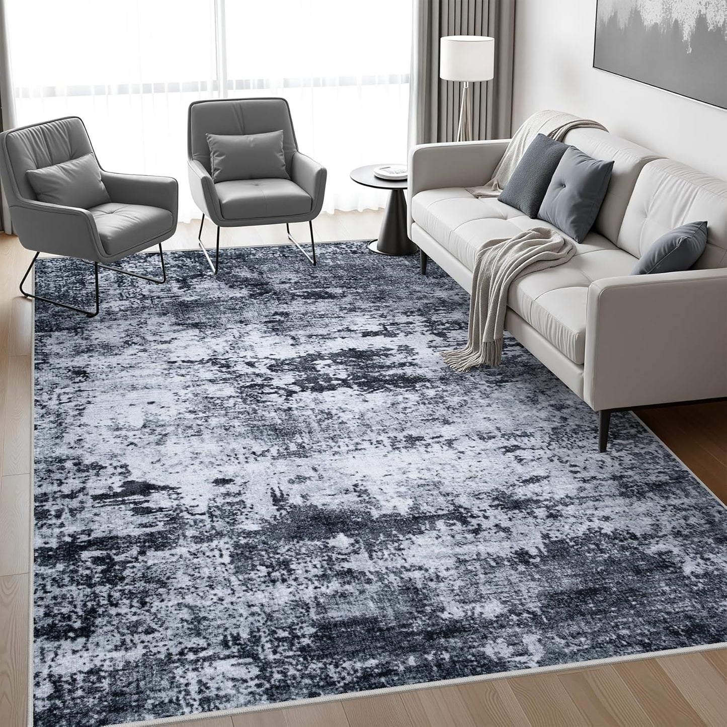 8x10 Area Rug Living Room Rug: Washable Modern Abstract Soft Thin Rug Indoor Floor No Slip Stain Resistant Carpet for Bedroom Dining Room Farmhouse Nursery Home Office - Black