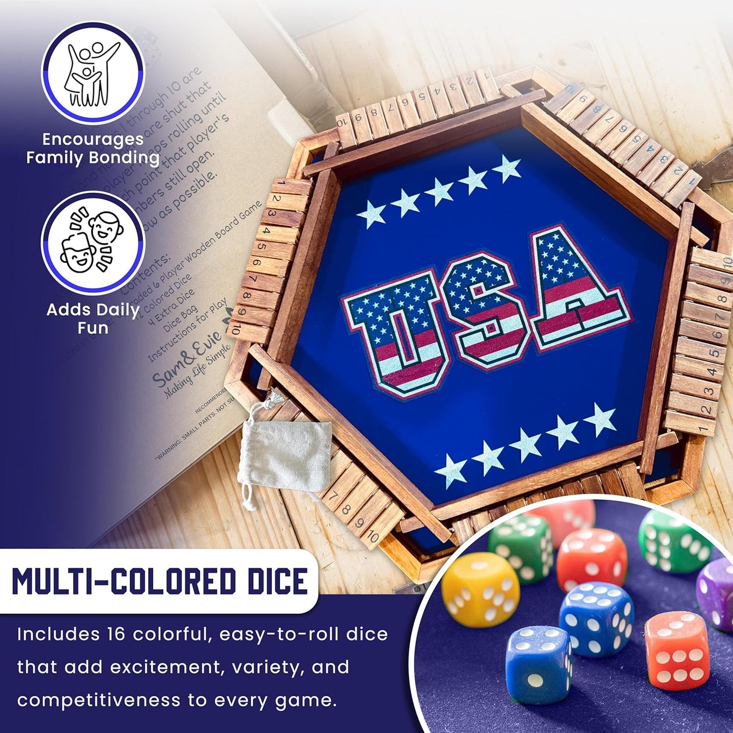 Sam & Evie Shut The Box Wooden Game for 1–6 Players – 1 to 6 Player Versions with 16 Dice – Classic Close The Box Tabletop Game for Adults, Kids, Family Entertainment, Classroom or Party Use