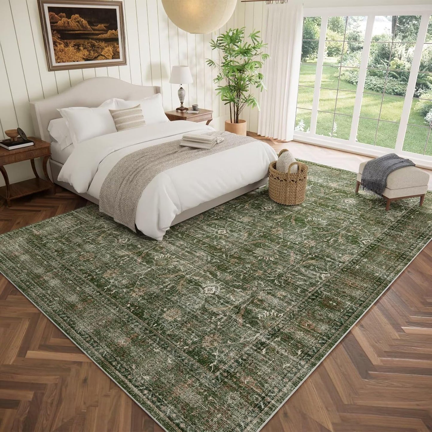 Washable 10x14 Area Rugs for Living Room, Boho Non-Slip Silicone Backing Rugs for Bedroom Dining Room Office, 0.3" Neutral Oriental Throw Carpet with 0.16" Cushioning Pad, Grass Green/Multi