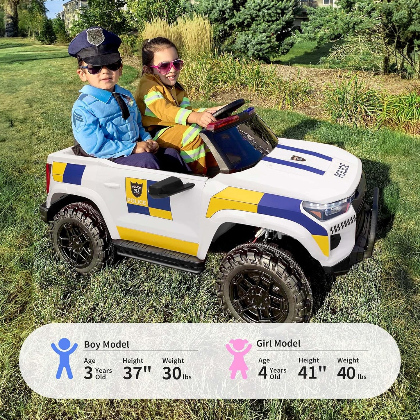 24V 10Ah Electric Police SUV Car Ride-On Toy for Big Kids, 4WD 2-Seater w/Parental Remote Control, 5Mph Max Speed - White